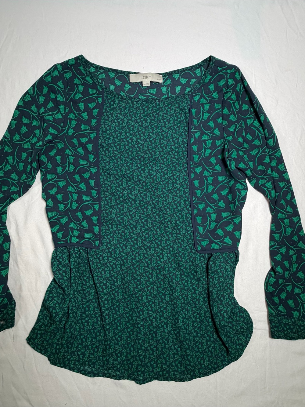 LOFT Dark Green Patterned Long-Sleeve Peplum Top